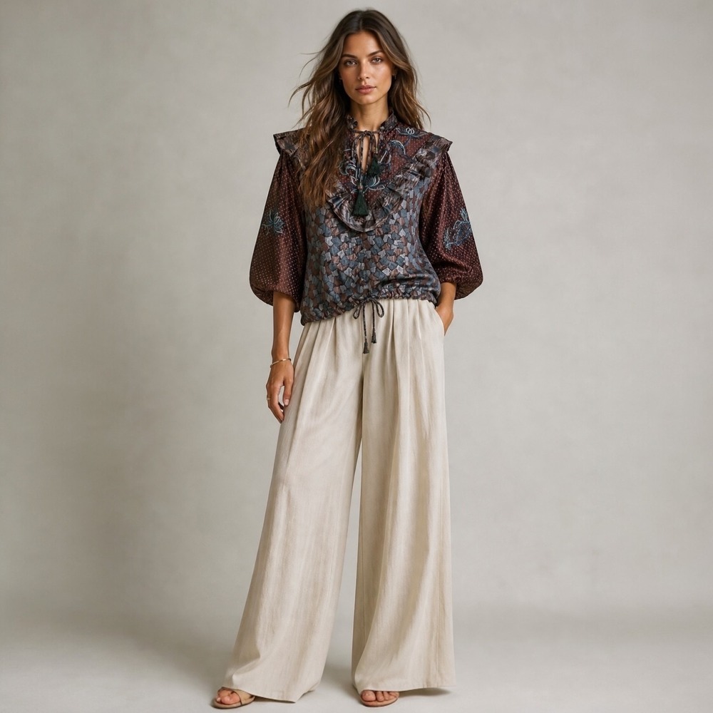 Vintage Diane Freis Top L Brown Floral Dot Puff Sleeve Boho Prairie Blouse - Picture 10 of 12